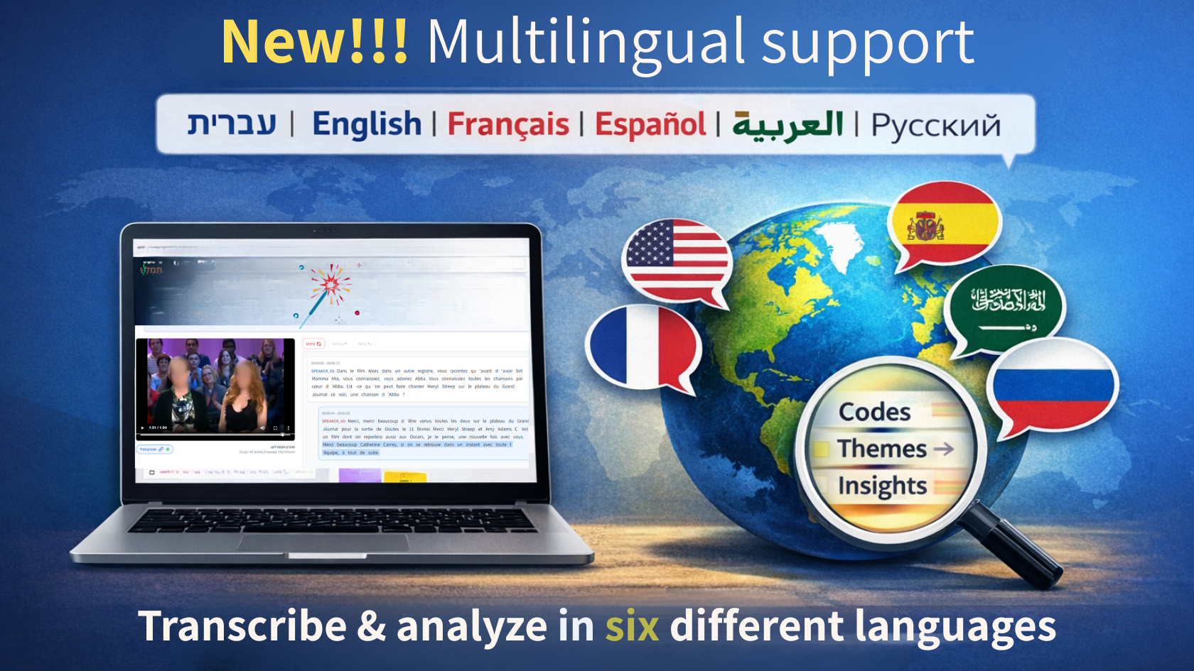 Transcript flowing into structured insights: themes, quotes, action items and timestamps