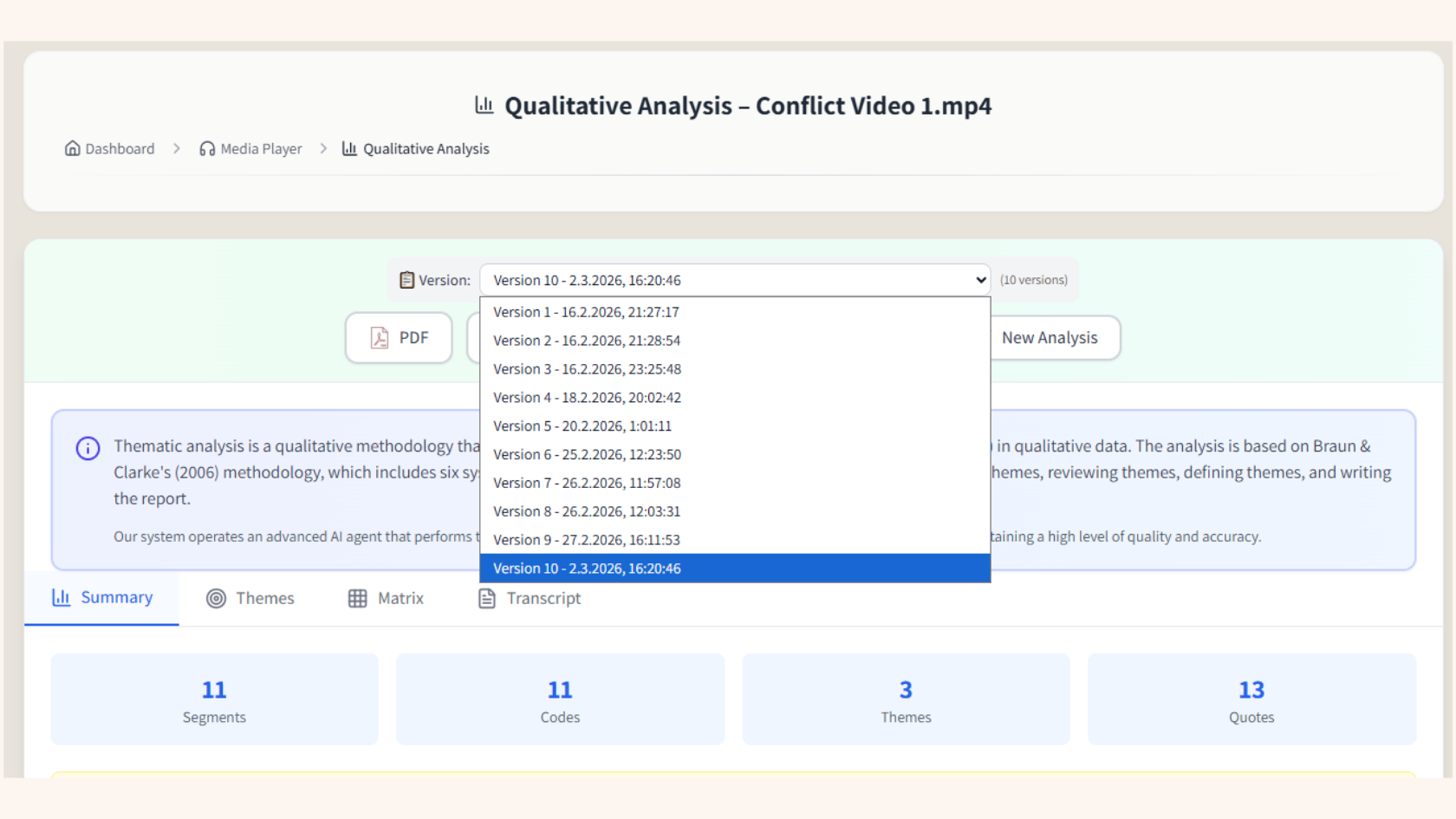 Project workspace with multiple transcripts grouped for analysis