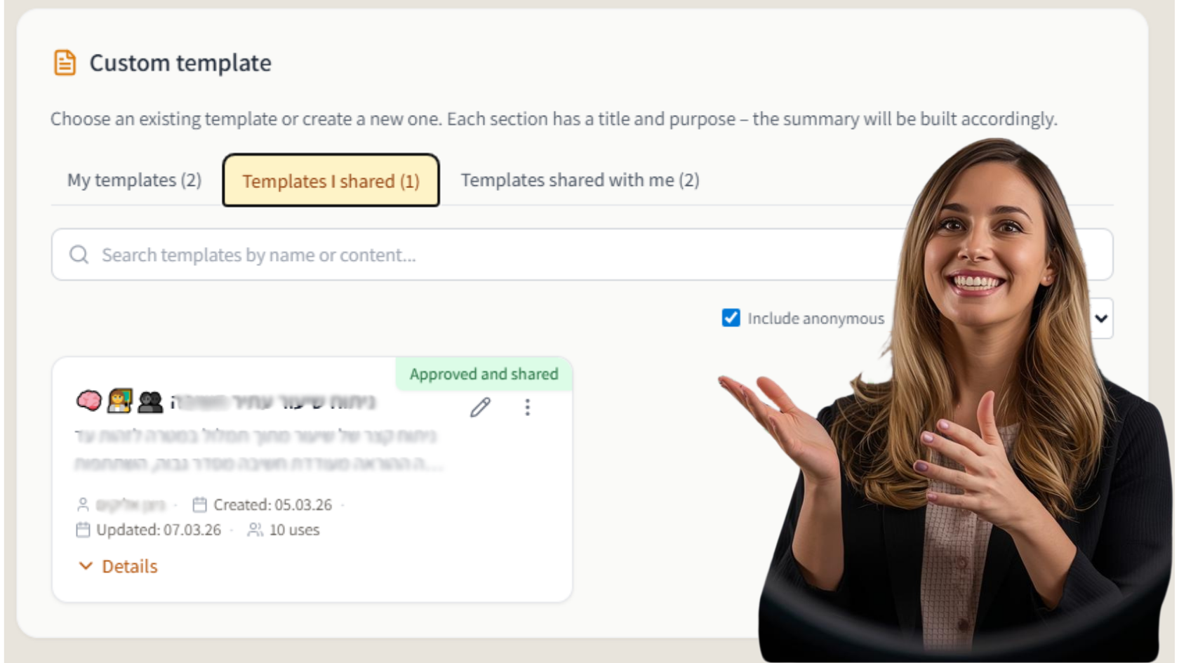Reusable meeting summary templates shared across team