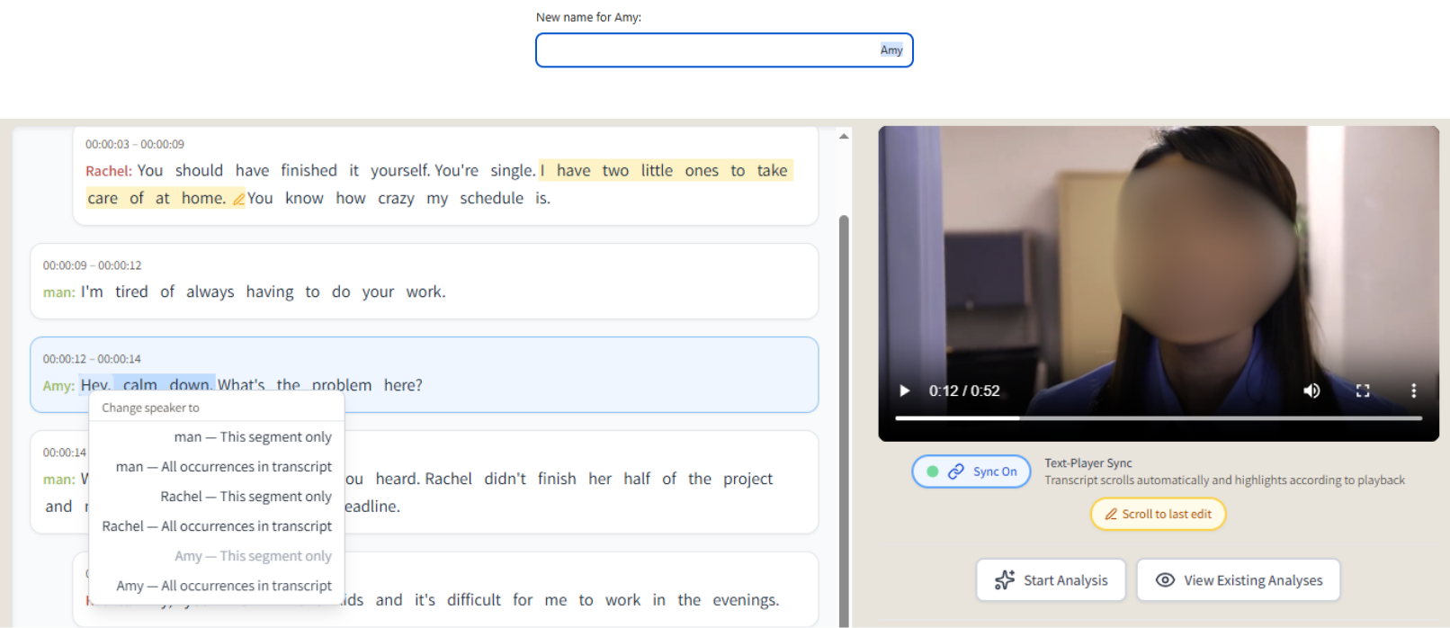 Editing interface to reassign a segment from one speaker to another